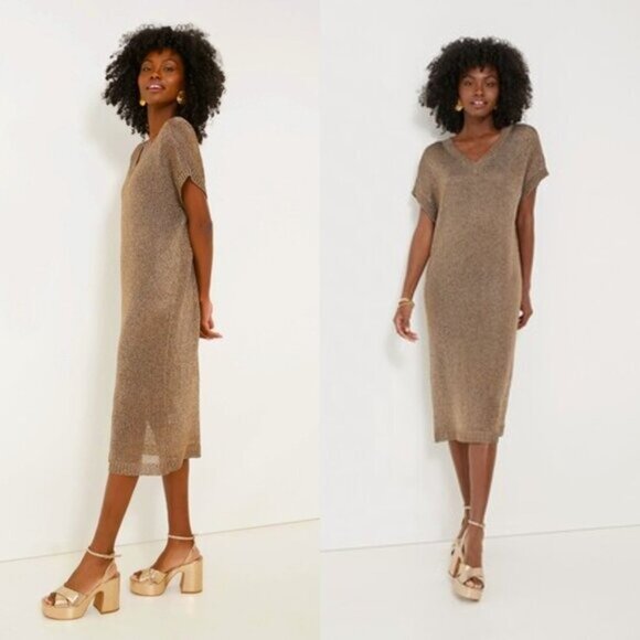 Tuckernuck Bronze Metallic Knit Mesh V Neck Short Sleeve Midi Dress Size M - Picture 1 of 9